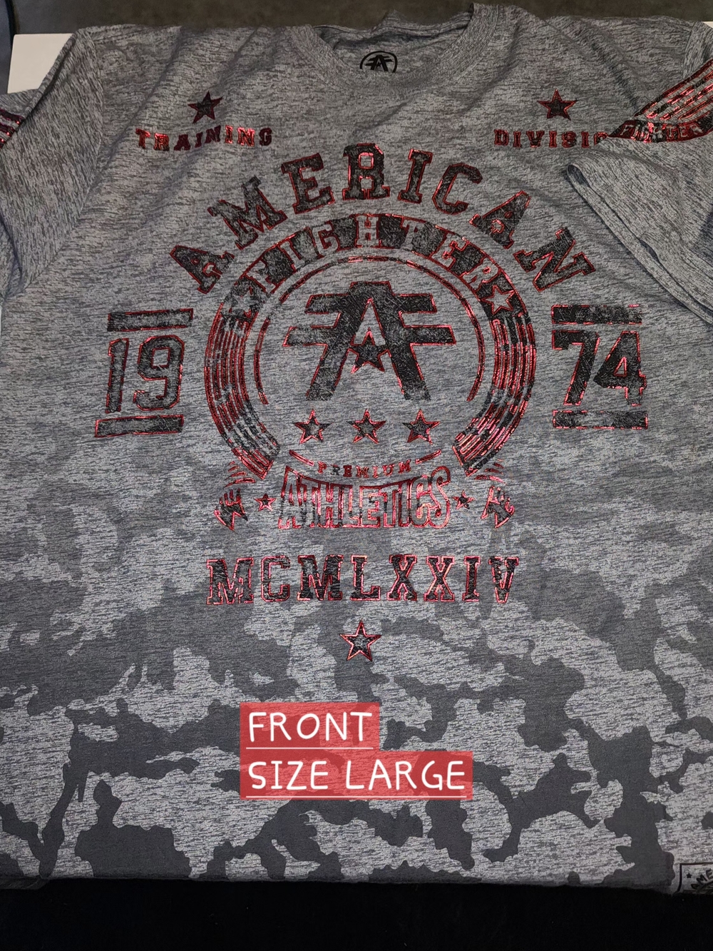 American Fighter Grey Long Sleeve Graphic Tee with Red Accents